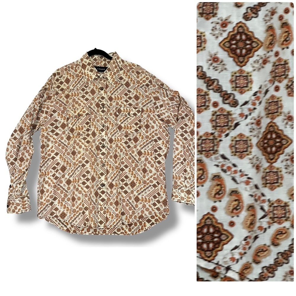 Jeffrey Campbell Button Down Retro 70s V-Yoke Cotton Shirt XL Cream Tan